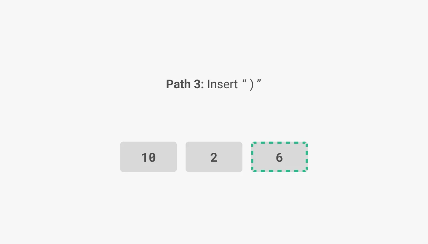 Path 3: Insert right parenthesis. Below that, three rectangles
are arranged in a horizontal row. They are labeled 10, 2, and 6
respectively. The final rectangle (6) is outlined in green
since it has been inserted.