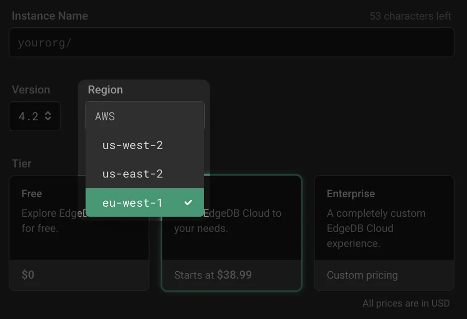 The EdgeDB Cloud instance creation UI, focusing on the Region
dropdown with the new eu-west-1 region highlighted.