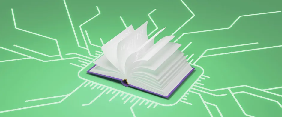 An open book with white pages lies on a vibrant green background that features abstract, white circuit board patterns.