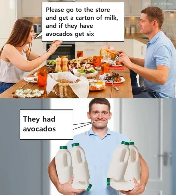 A woman asks her husband to get a carton of milk, and that "if they
have avocados, get six." Without precise enough instructions, the
man comes back with six cartons of milk because, as he explains,
"they had avocados".