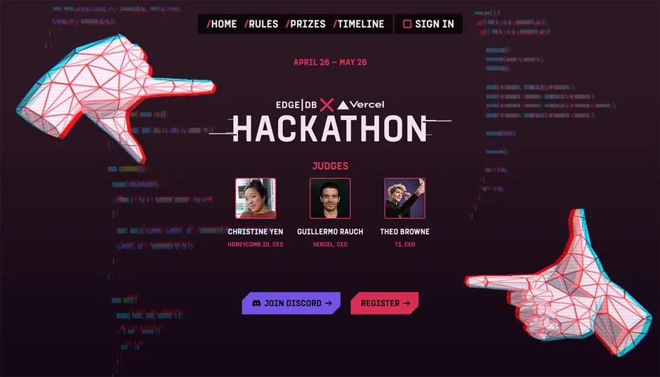 A screenshot of https://hackathon.edgedb.com.